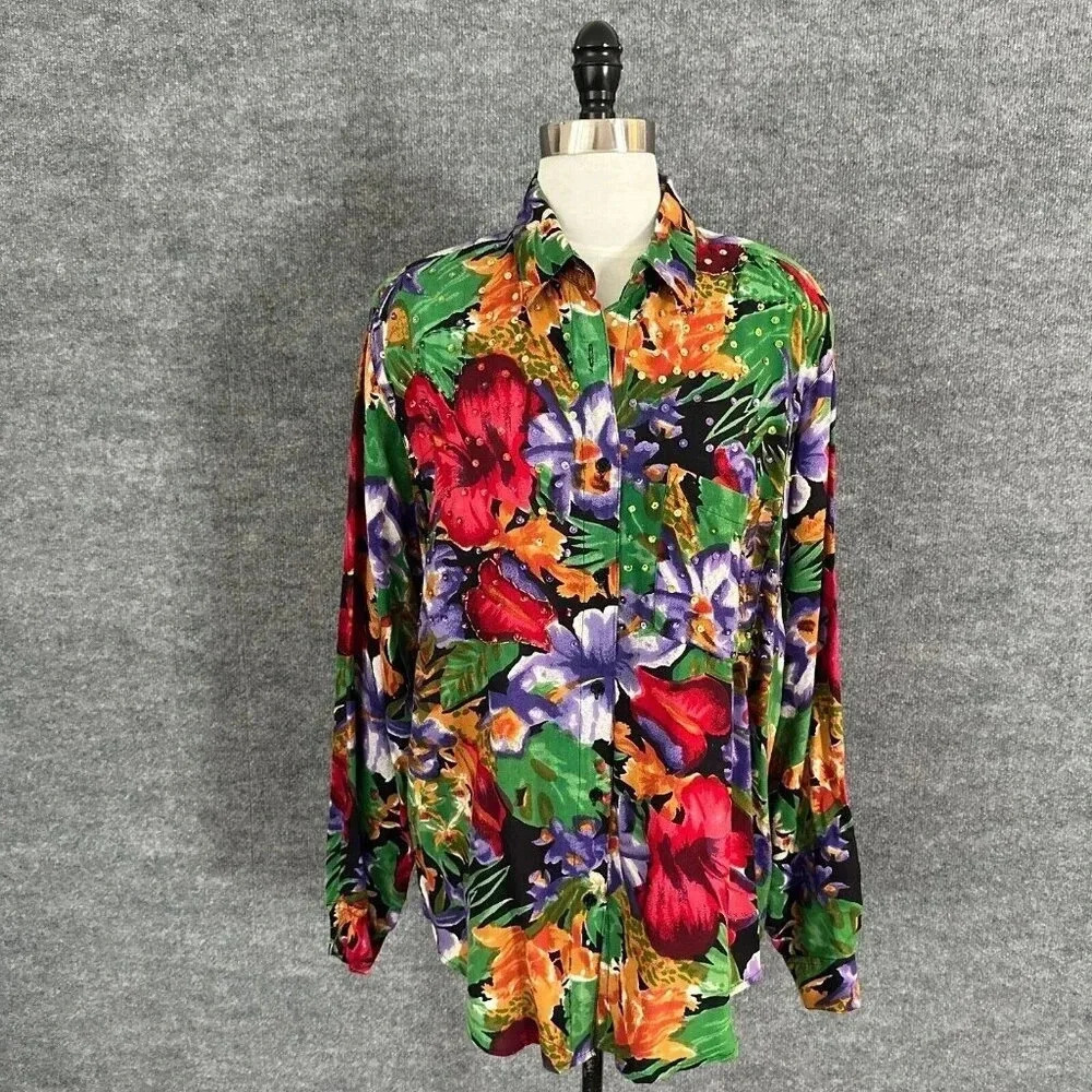 Vintage 80s Tropical Shirt Womens Medium Long Sleeve Vibrant Sequin Floral Top